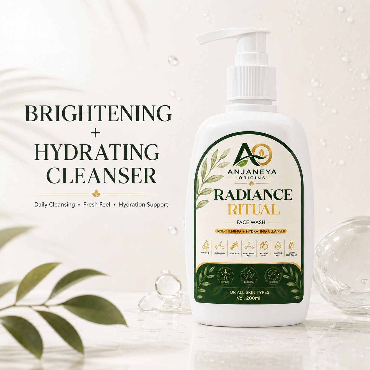 Anjaneya Origins Radiance Ritual Face Wash | Brightening & Hydrating Cleanser | For All Skin Types | 200 ml