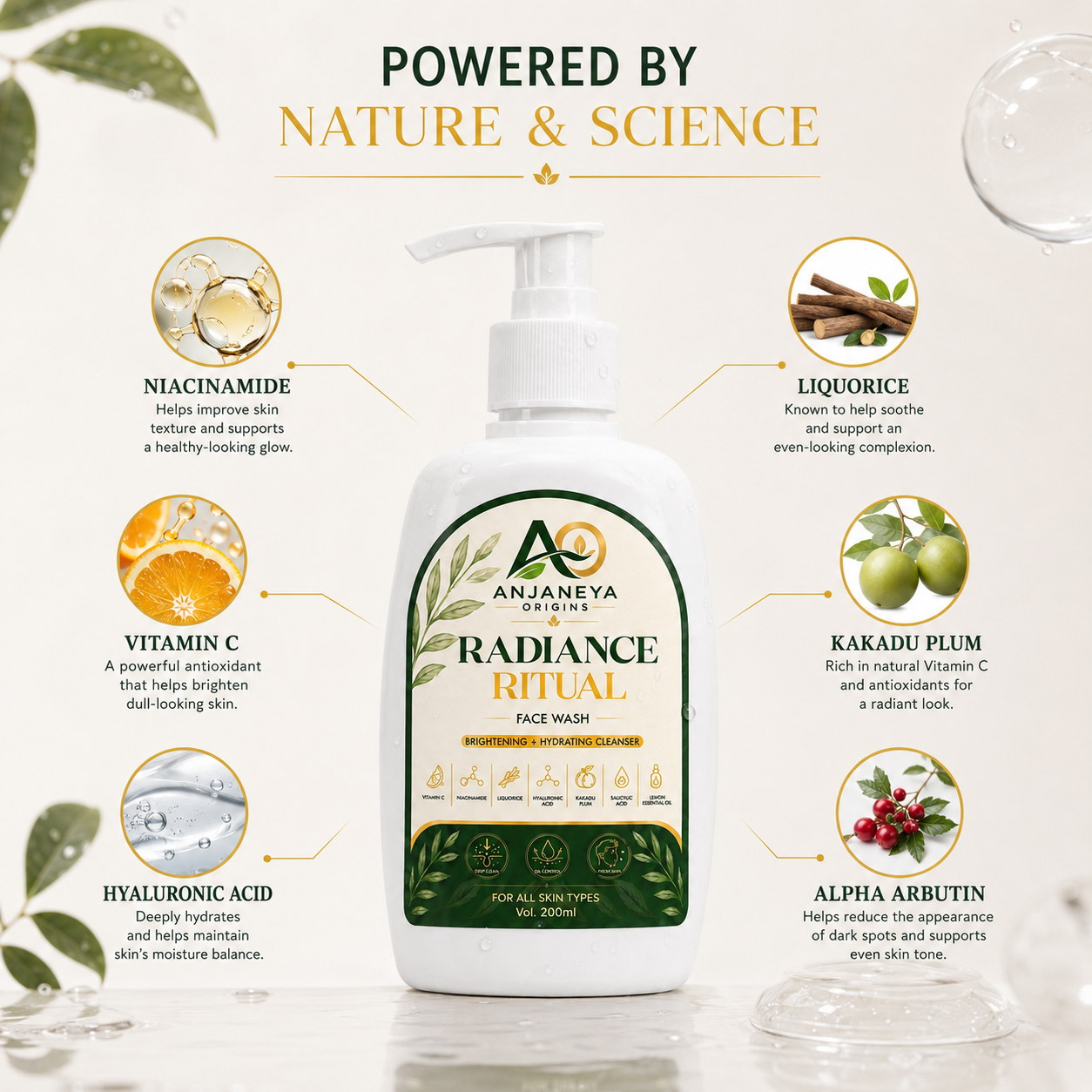 Anjaneya Origins Radiance Ritual Face Wash | Brightening & Hydrating Cleanser | For All Skin Types | 200 ml