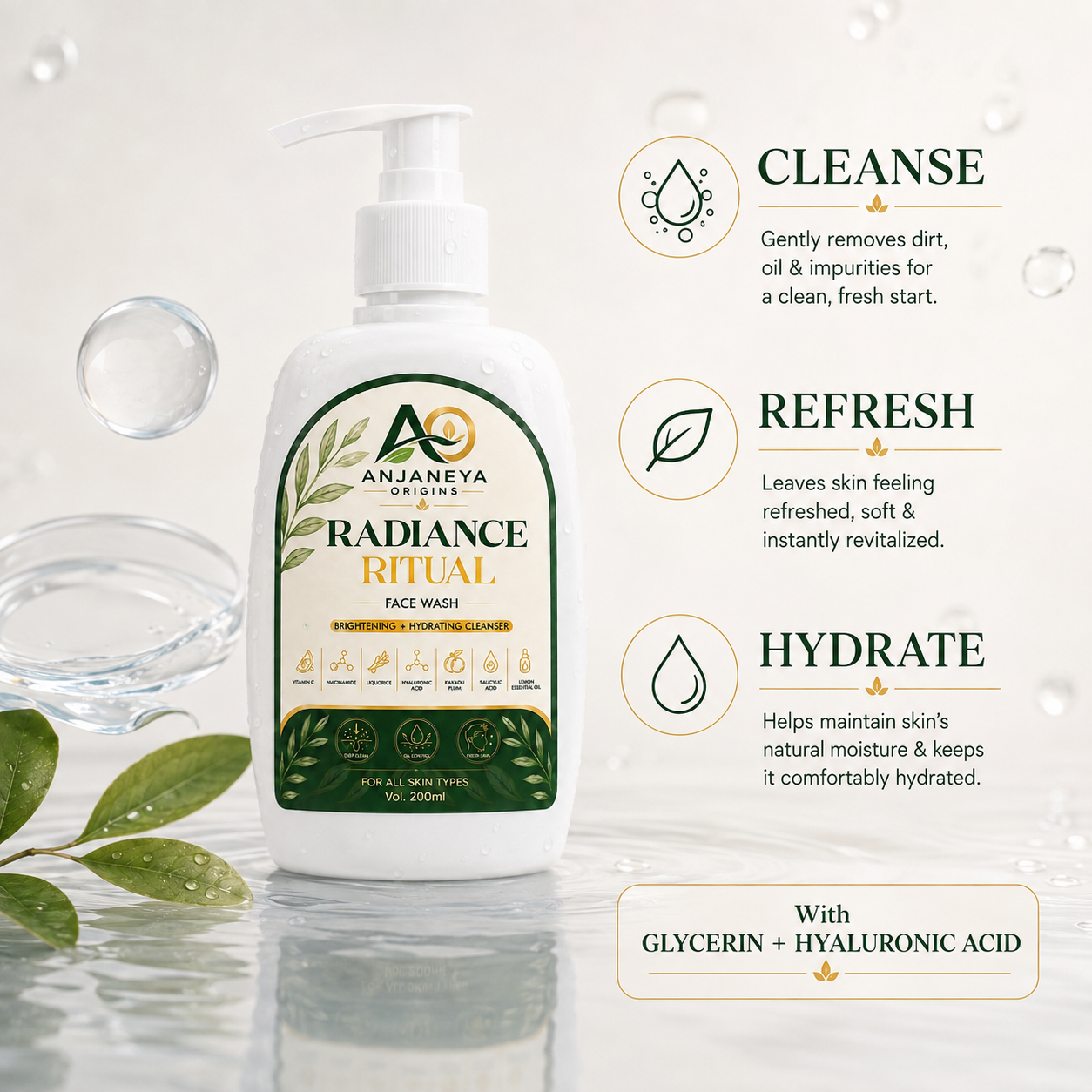 Anjaneya Origins Radiance Ritual Face Wash | Brightening & Hydrating Cleanser | For All Skin Types | 200 ml