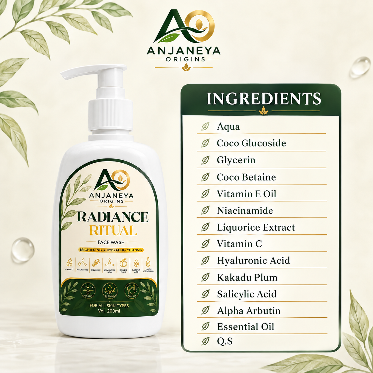 Anjaneya Origins Radiance Ritual Face Wash | Brightening & Hydrating Cleanser | For All Skin Types | 200 ml